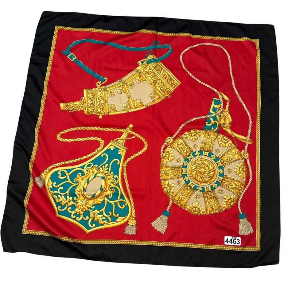 Women's Scarf Red Yellow Hunting Art Antique Gunpowder Flask Square Vintage